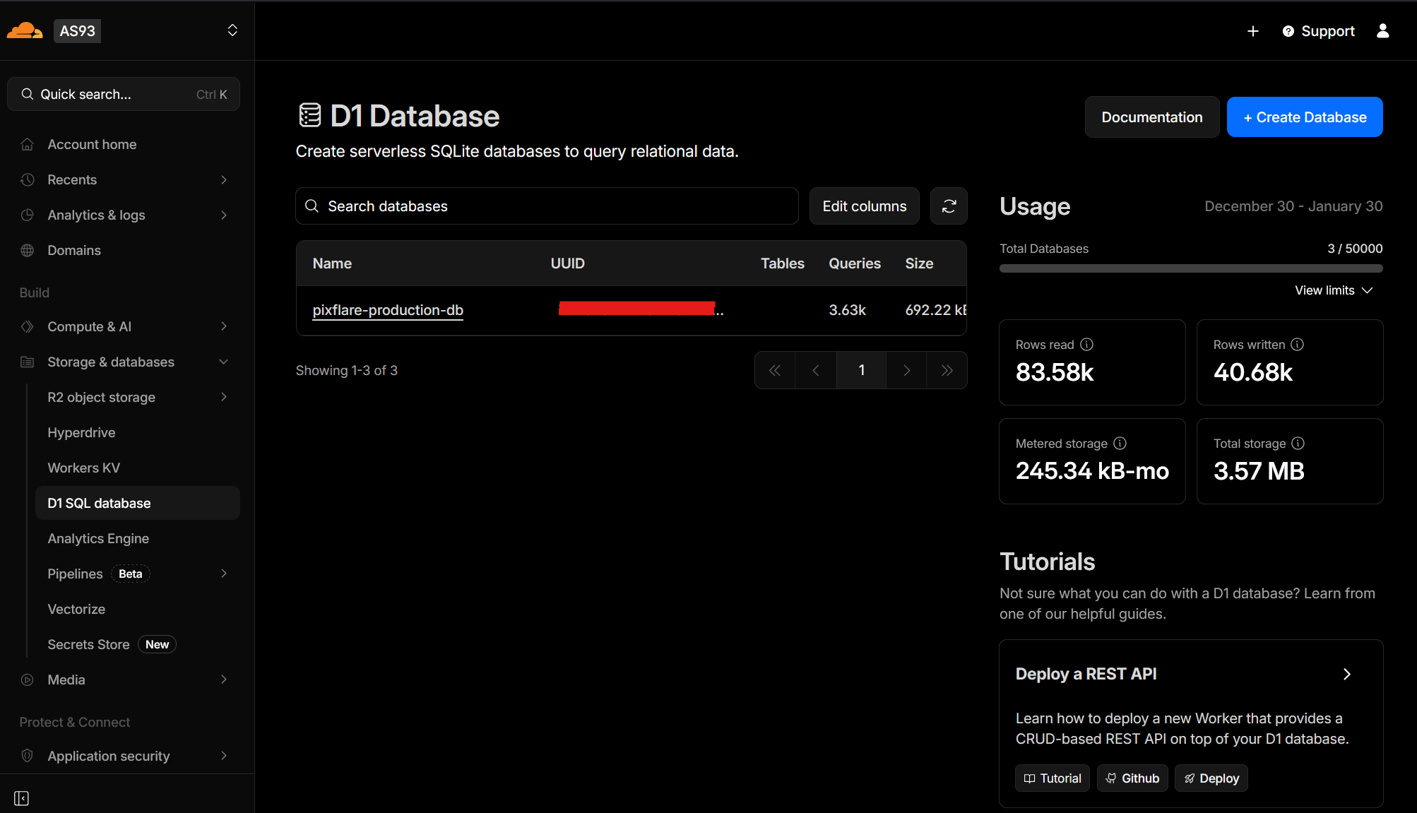 D1 database create screen
